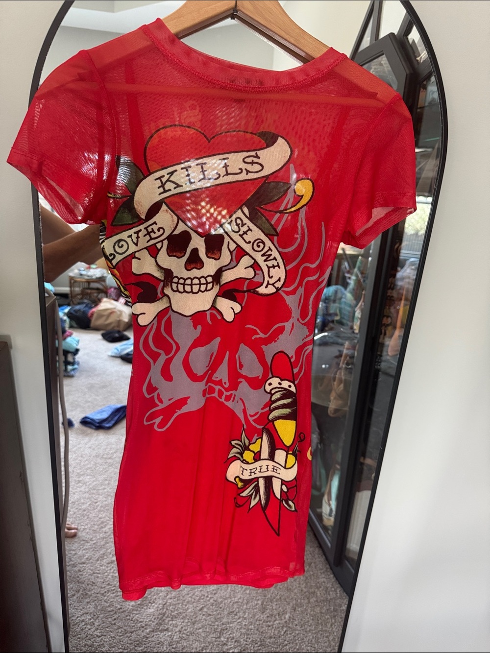 Ed Hardy Red Mesh Woman’s skull dagger mesh Tee dress